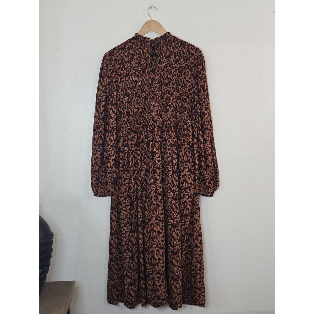 New Day Smocked Midi Dress Womens XL Brown Floral Long Sleeve Boho NWT - Picture 9 of 14